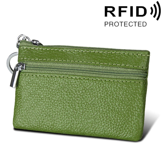 Cowhide Leather Zipper Solid Color Horizontal Card Holder Wallet RFID Blocking Coin Purse Card Bag Protect Case, Size: 11.4*7.4cm(Green)