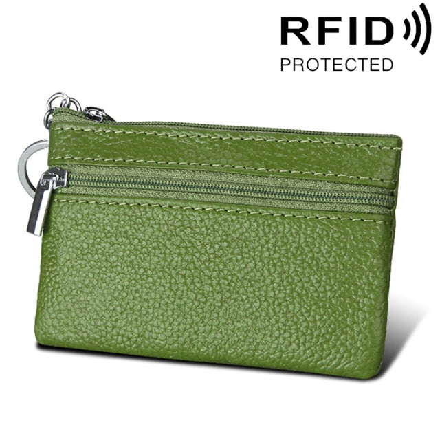 Cowhide Leather Zipper Solid Color Horizontal Card Holder Wallet RFID Blocking Coin Purse Card Bag Protect Case, Size: 11.4*7.4cm(Green)