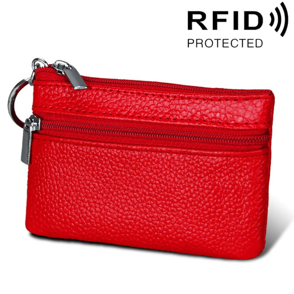 Cowhide Leather Zipper Solid Color Horizontal Card Holder Wallet RFID Blocking Coin Purse Card Bag Protect Case, Size: 11.4*7.4cm(Red)