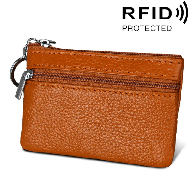 Cowhide Leather Zipper Solid Color Horizontal Card Holder Wallet RFID Blocking Coin Purse Card Bag Protect Case, Size: 11.4*7.4cm(Brown)