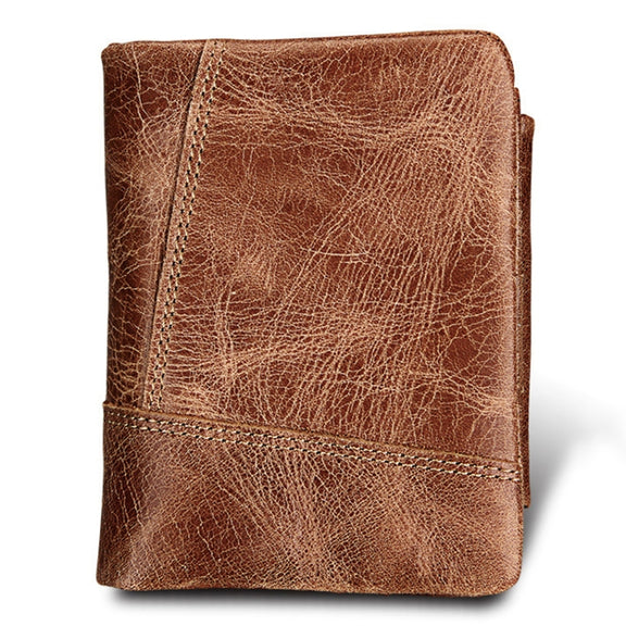 Genuine Cowhide Leather Crazy Horse Texture Zipper 3-folding Short Style Card Holder Wallet RFID Blocking Coin Purse Card Bag Protect Case for Men, Size: 12*9.5*4cm(Taupe)