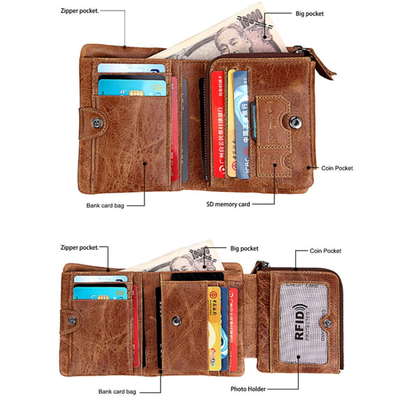 Genuine Cowhide Leather Crazy Horse Texture Zipper 3-folding Short Style Card Holder Wallet RFID Blocking Coin Purse Card Bag Protect Case for Men, Size: 12*9.5*4cm(Taupe)