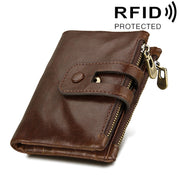 Genuine Cowhide Leather Crazy Horse Texture Zipper 3-folding Card Holder Wallet RFID Blocking Coin Purse Card Bag Protect Case for Men, Size: 12*9.5*3.5cm(Coffee)