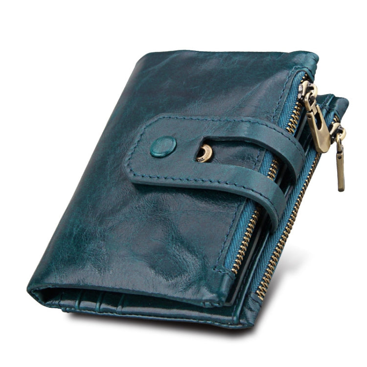 Genuine Cowhide Leather Crazy Horse Texture Zipper 3-folding Card Holder Wallet RFID Blocking Coin Purse Card Bag Protect Case for Men, Size: 12*9.5*3.5cm(Blue)
