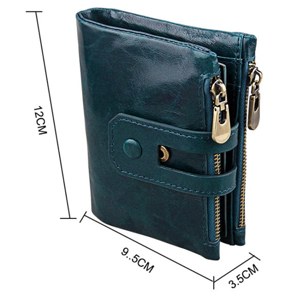 Genuine Cowhide Leather Crazy Horse Texture Zipper 3-folding Card Holder Wallet RFID Blocking Coin Purse Card Bag Protect Case for Men, Size: 12*9.5*3.5cm(Blue)