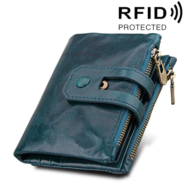 Genuine Cowhide Leather Crazy Horse Texture Zipper 3-folding Card Holder Wallet RFID Blocking Coin Purse Card Bag Protect Case for Men, Size: 12*9.5*3.5cm(Blue)