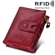 Genuine Cowhide Leather Crazy Horse Texture Zipper 3-folding Card Holder Wallet RFID Blocking Coin Purse Card Bag Protect Case for Men, Size: 12*9.5*3.5cm(Red)