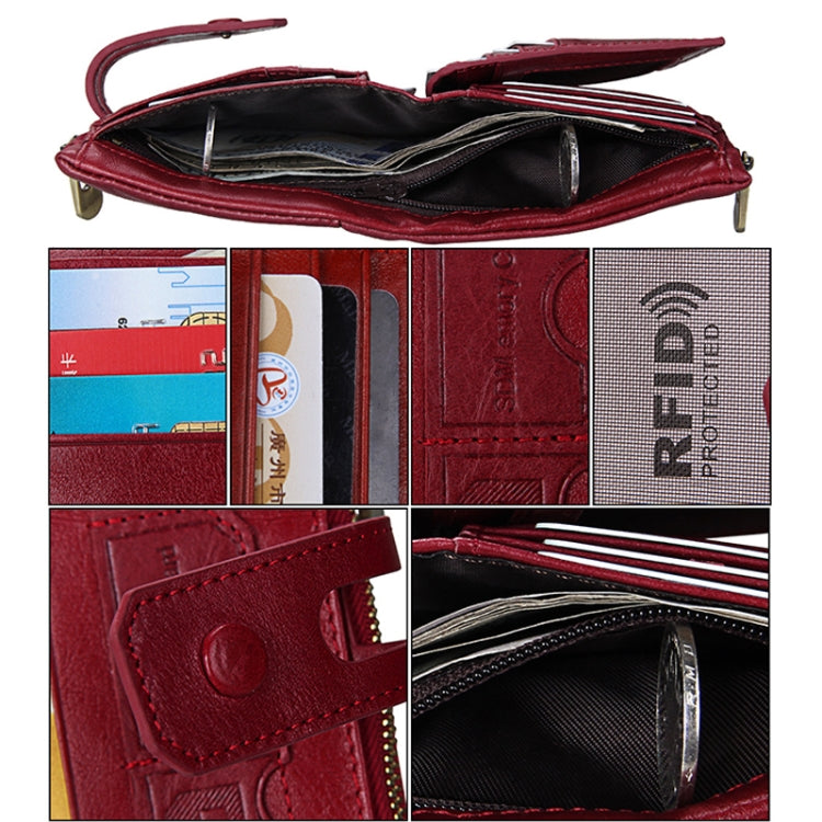 Genuine Cowhide Leather Crazy Horse Texture Zipper 3-folding Card Holder Wallet RFID Blocking Coin Purse Card Bag Protect Case for Men, Size: 12*9.5*3.5cm(Red) - free shipping - PMC Jewellery - Order now!