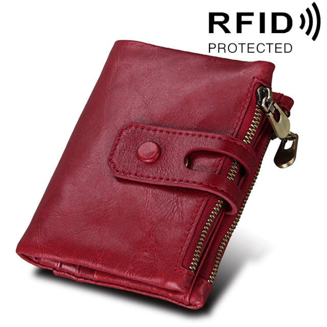 Genuine Cowhide Leather Crazy Horse Texture Zipper 3-folding Card Holder Wallet RFID Blocking Coin Purse Card Bag Protect Case for Men, Size: 12*9.5*3.5cm(Red)
