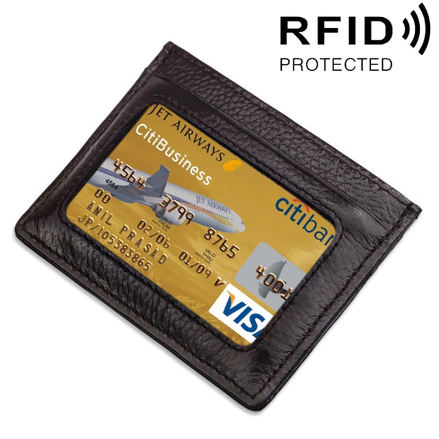Cowhide Leather Litchi Texture Open Type Solid Color Card Holder RFID Blocking Card Bag Protective Case(Coffee)