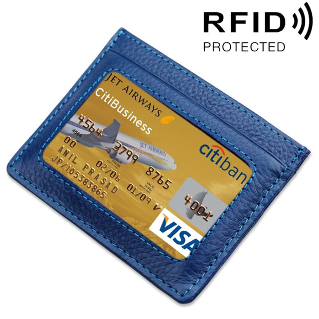 Cowhide Leather Litchi Texture Open Type Solid Color Card Holder RFID Blocking Card Bag Protective Case(Dark Blue)