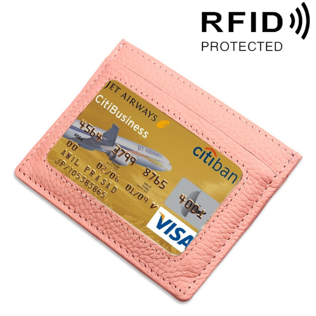 Cowhide Leather Litchi Texture Open Type Solid Color Card Holder RFID Blocking Card Bag Protective Case(Pink)