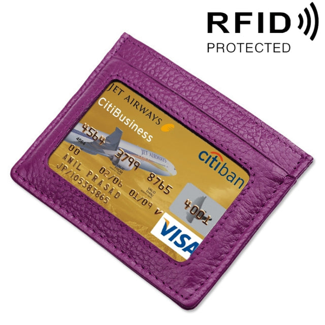 Cowhide Leather Litchi Texture Open Type Solid Color Card Holder RFID Blocking Card Bag Protective Case(Purple)