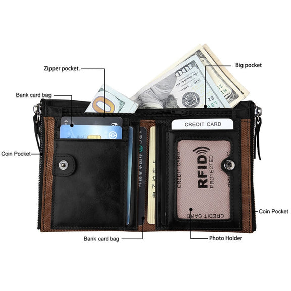 Genuine Cowhide Leather Crazy Horse Texture Dual Zipper Short Style Card Holder Wallet RFID Blocking Card Bag Protect Case for Men, Size: 12.1*9.4*2.7cm(Black)