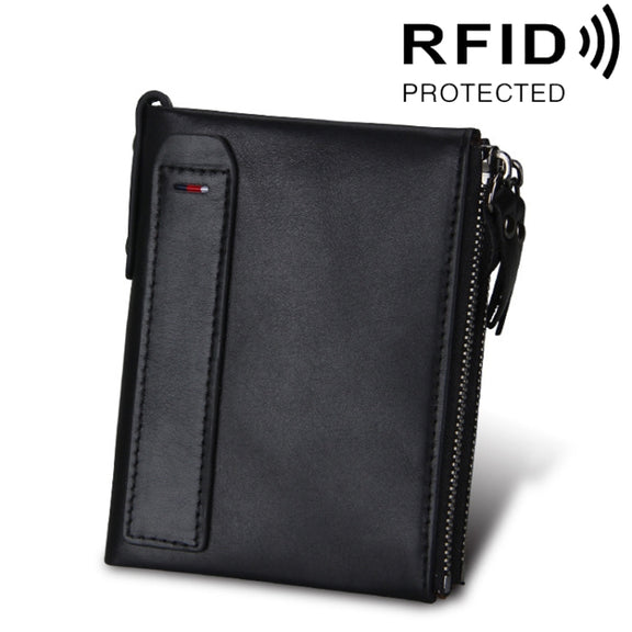 Genuine Cowhide Leather Crazy Horse Texture Dual Zipper Short Style Card Holder Wallet RFID Blocking Card Bag Protect Case for Men, Size: 12.1*9.4*2.7cm(Black)