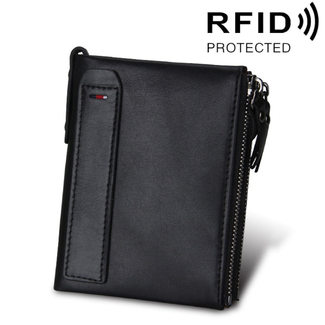 Genuine Cowhide Leather Crazy Horse Texture Dual Zipper Short Style Card Holder Wallet RFID Blocking Card Bag Protect Case for Men, Size: 12.1*9.4*2.7cm(Black)