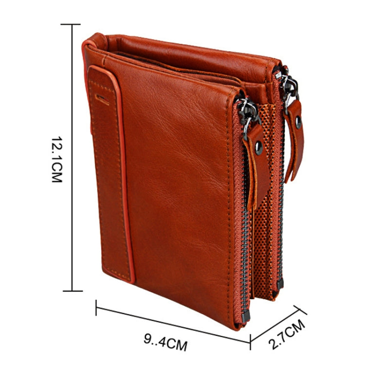 Genuine Cowhide Leather Crazy Horse Texture Dual Zipper Short Style Card Holder Wallet RFID Blocking Card Bag Protect Case for Men, Size: 12.1*9.4*2.7cm(Orange) - free shipping - PMC Jewellery - Order now!