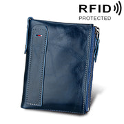 Genuine Cowhide Leather Crazy Horse Texture Dual Zipper Short Style Card Holder Wallet RFID Blocking Card Bag Protect Case for Men, Size: 12.1*9.4*2.7cm(Blue)