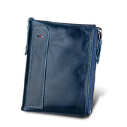 Genuine Cowhide Leather Crazy Horse Texture Dual Zipper Short Style Card Holder Wallet RFID Blocking Card Bag Protect Case for Men, Size: 12.1*9.4*2.7cm(Blue)