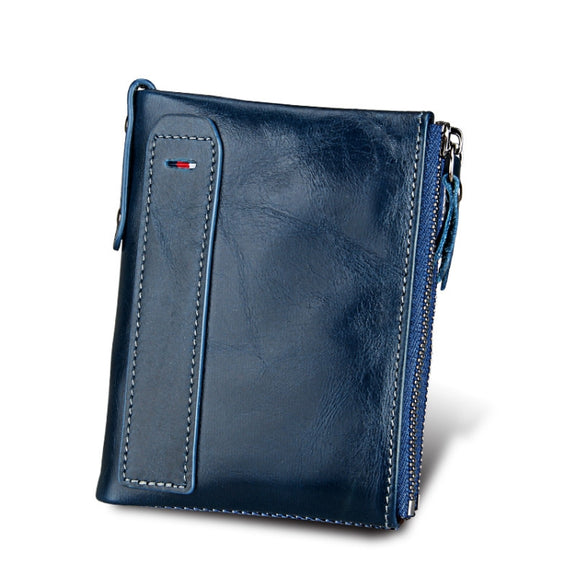 Genuine Cowhide Leather Crazy Horse Texture Dual Zipper Short Style Card Holder Wallet RFID Blocking Card Bag Protect Case for Men, Size: 12.1*9.4*2.7cm(Blue)