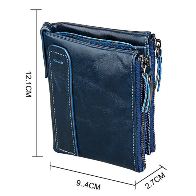 Genuine Cowhide Leather Crazy Horse Texture Dual Zipper Short Style Card Holder Wallet RFID Blocking Card Bag Protect Case for Men, Size: 12.1*9.4*2.7cm(Blue) - free shipping - PMC Jewellery - Order now!