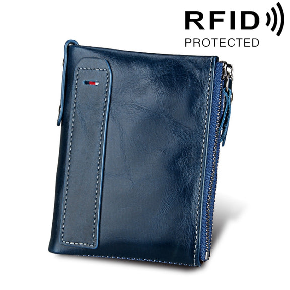 Genuine Cowhide Leather Crazy Horse Texture Dual Zipper Short Style Card Holder Wallet RFID Blocking Card Bag Protect Case for Men, Size: 12.1*9.4*2.7cm(Blue)