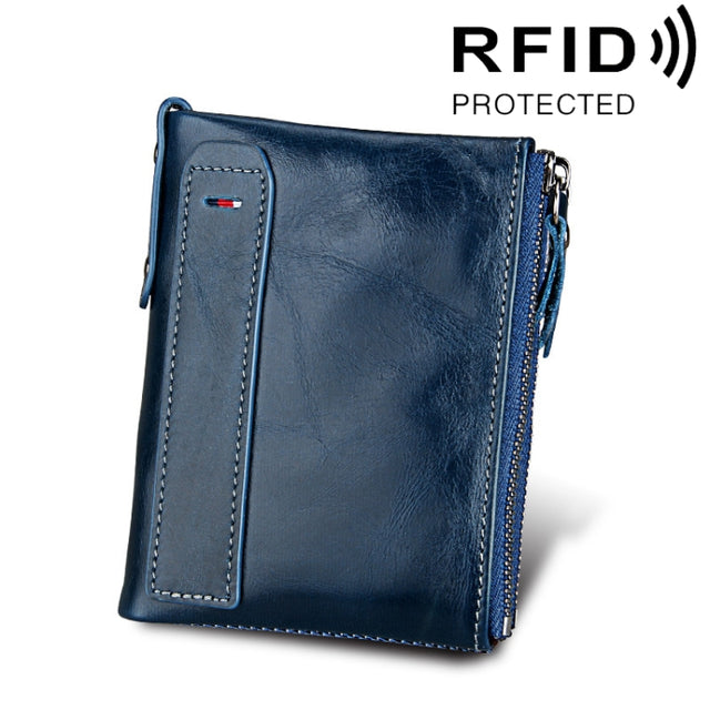 Genuine Cowhide Leather Crazy Horse Texture Dual Zipper Short Style Card Holder Wallet RFID Blocking Card Bag Protect Case for Men, Size: 12.1*9.4*2.7cm(Blue)