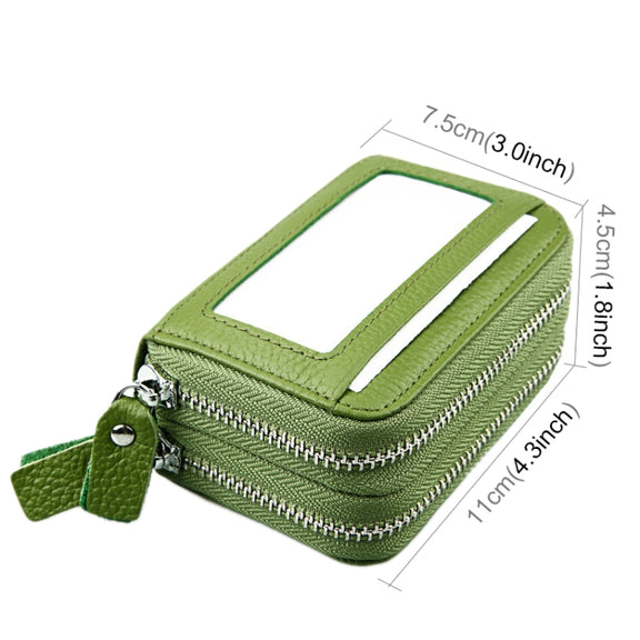 Genuine Cowhide Leather Dual Layer Solid Color Zipper Card Holder Wallet RFID Blocking Coin Purse Card Bag Protective Case with 11 Card Slots & Coin Position, Size: 11*7.5*4.5cm(Green)