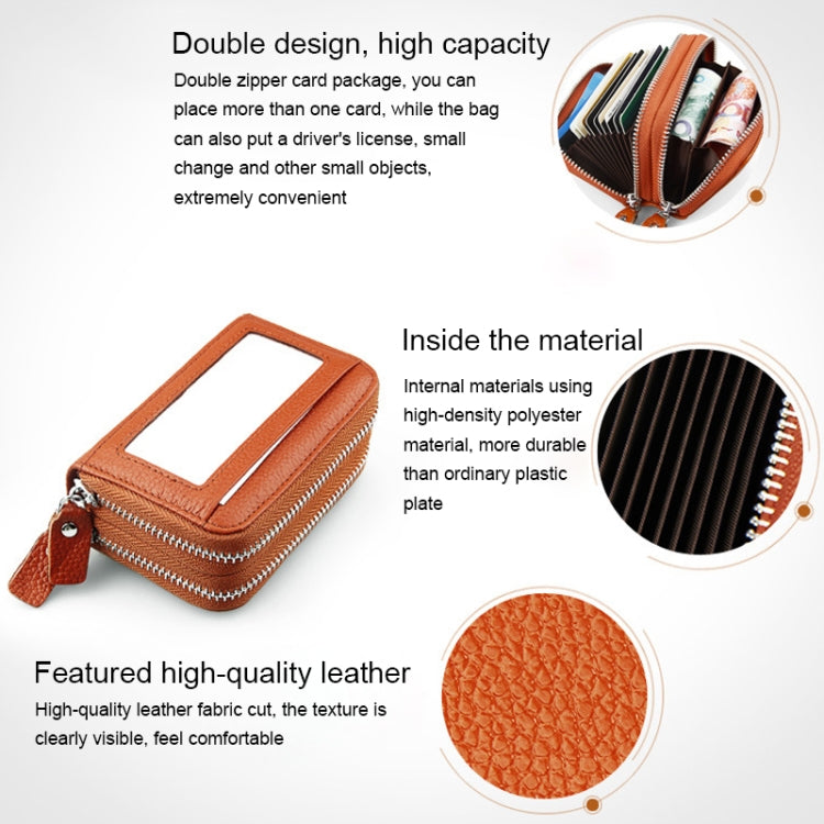 Genuine Cowhide Leather Dual Layer Solid Color Zipper Card Holder Wallet RFID Blocking Coin Purse Card Bag Protective Case with 11 Card Slots & Coin Position, Size: 11*7.5*4.5cm(Brown)