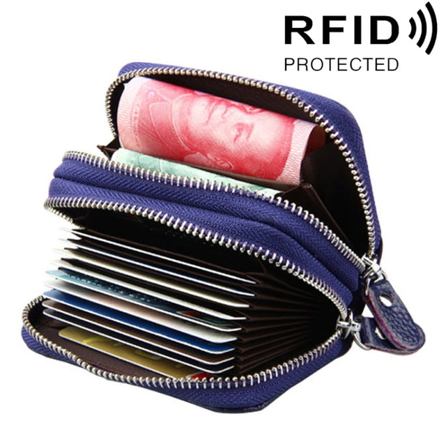 Genuine Leather Dual Layer Zipper Card Holder Wallet RFID Blocking Purse, Size: 10.5x7.0x4.0cm(Dark Blue)