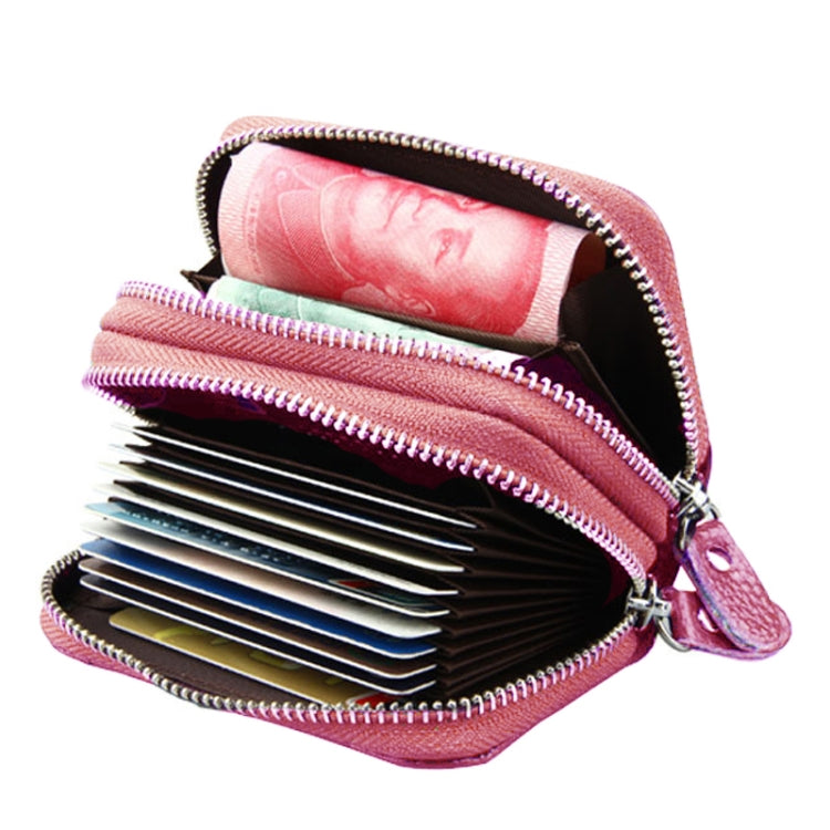 Genuine Leather Dual Layer Zipper Card Holder Wallet RFID Blocking Purse, Size: 10.5x7.0x4.0cm(Pink) - free shipping - PMC Jewellery - Order now!