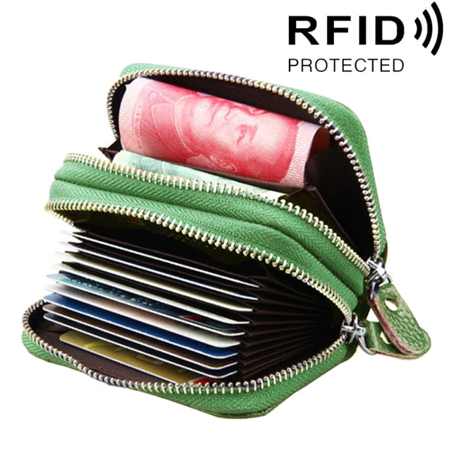 Genuine Leather Dual Layer Zipper Card Holder Wallet RFID Blocking Purse, Size: 10.5x7.0x4.0cm(Green)