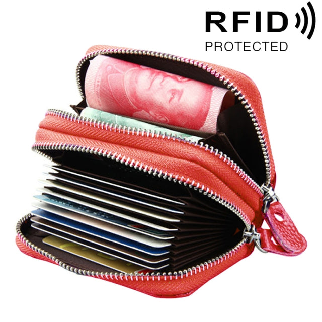 Genuine Leather Dual Layer Zipper Card Holder Wallet RFID Blocking Purse, Size: 10.5x7.0x4.0cm(Red)