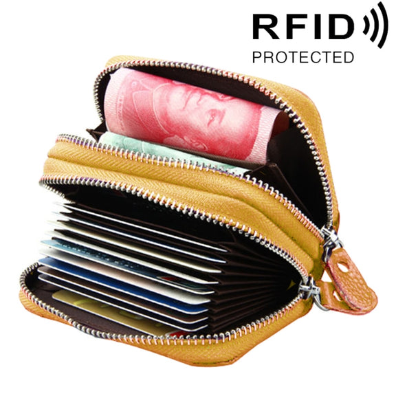 Genuine Leather Dual Layer Zipper Card Holder Wallet RFID Blocking Purse, Size: 10.5x7.0x4.0cm(Yellow)