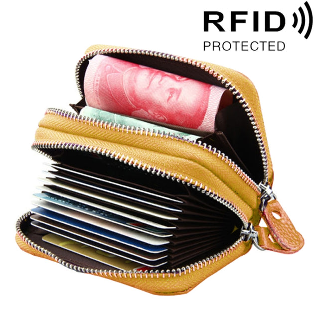 Genuine Leather Dual Layer Zipper Card Holder Wallet RFID Blocking Purse, Size: 10.5x7.0x4.0cm(Yellow)