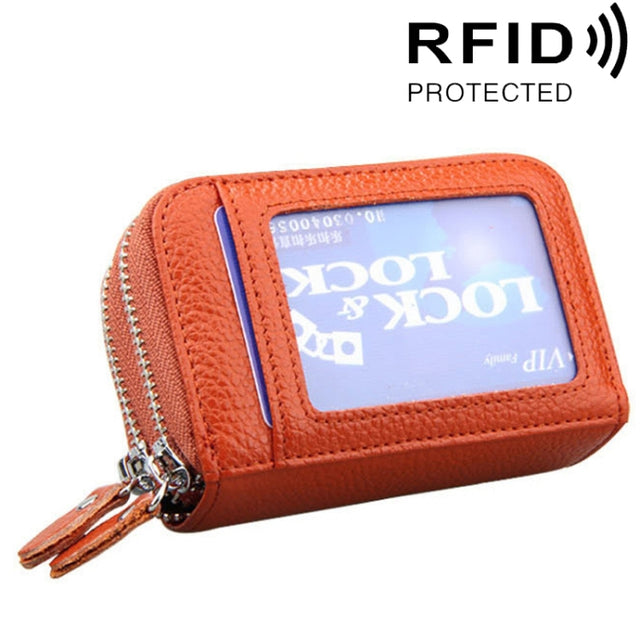Genuine Leather Dual Layer Zipper Card Holder Wallet RFID Blocking Purse, Size: 10.5x7.0x4.0cm(Brown)