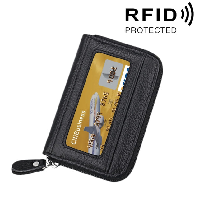 Genuine Cowhide Leather Solid Color Zipper Horizontal Card Holder Wallet RFID Blocking Card Bag Protect Case with 12 Card Slots, Size: 11.5*7.5cm(Black)
