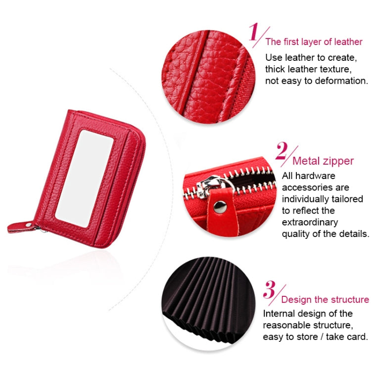 Genuine Cowhide Leather Solid Color Zipper Horizontal Card Holder Wallet RFID Blocking Card Bag Protect Case with 12 Card Slots, Size: 11.5*7.5cm(Magenta)