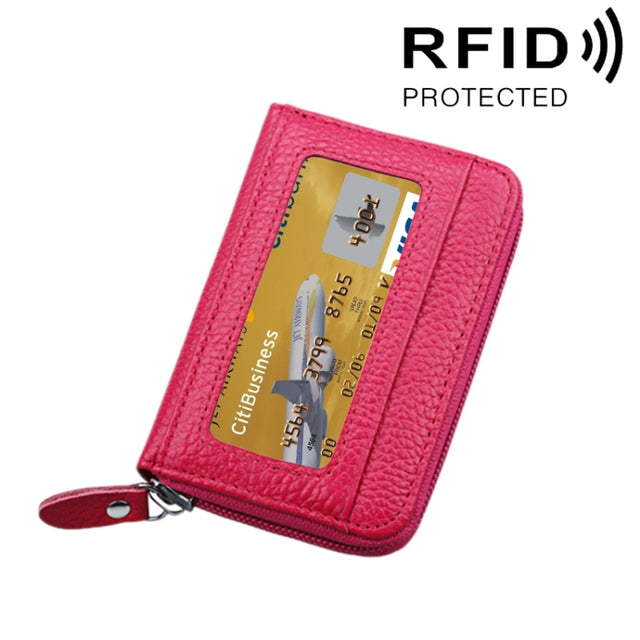 Genuine Cowhide Leather Solid Color Zipper Horizontal Card Holder Wallet RFID Blocking Card Bag Protect Case with 12 Card Slots, Size: 11.5*7.5cm(Magenta)