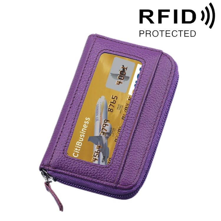 Genuine Cowhide Leather Solid Color Zipper Horizontal Card Holder Wallet RFID Blocking Card Bag Protect Case with 12 Card Slots, Size: 11.5*7.5cm(Purple) - free shipping - PMC Jewellery - Order now!