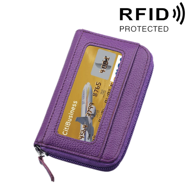 Genuine Cowhide Leather Solid Color Zipper Horizontal Card Holder Wallet RFID Blocking Card Bag Protect Case with 12 Card Slots, Size: 11.5*7.5cm(Purple)