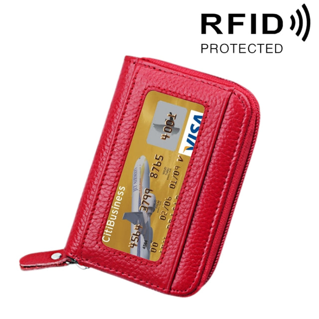 Genuine Cowhide Leather Solid Color Zipper Horizontal Card Holder Wallet RFID Blocking Card Bag Protect Case with 12 Card Slots, Size: 11.5*7.5cm(Red)