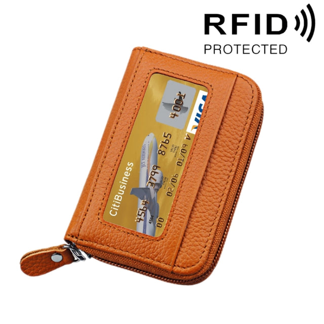 Genuine Cowhide Leather Solid Color Zipper Horizontal Card Holder Wallet RFID Blocking Card Bag Protect Case with 12 Card Slots, Size: 11.5*7.5cm(Brown)