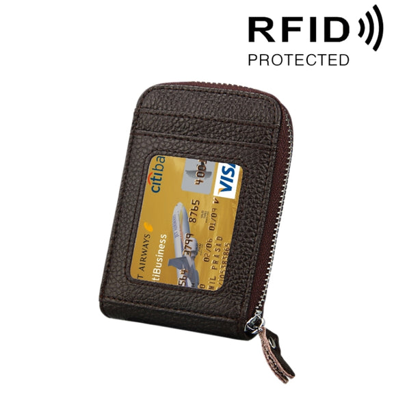 Genuine Cowhide Leather Solid Color Zipper Vertical Card Holder Wallet RFID Blocking Card Bag Protect Case with 12 Card Slots, Size: 11.5*7.5cm(Coffee)