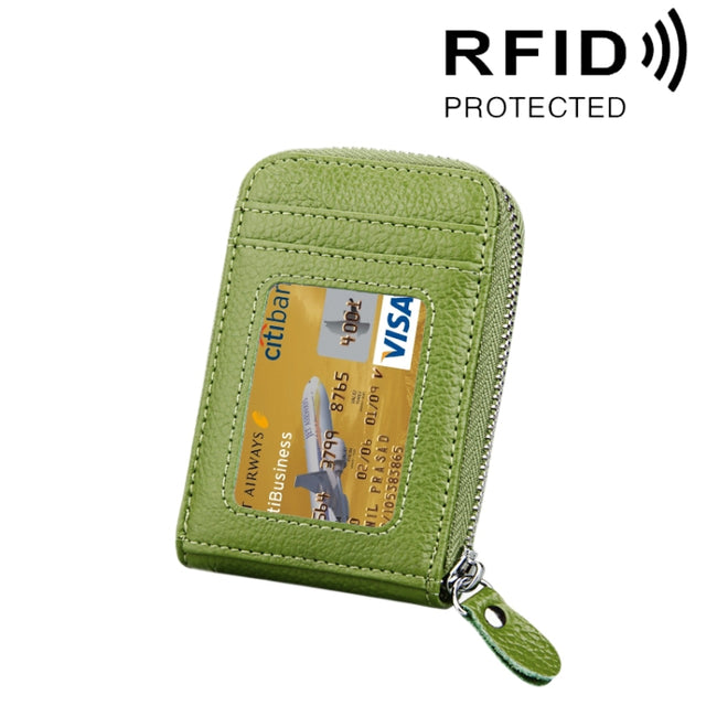 Genuine Cowhide Leather Solid Color Zipper Vertical Card Holder Wallet RFID Blocking Card Bag Protect Case with 12 Card Slots, Size: 11.5*7.5cm(Green)