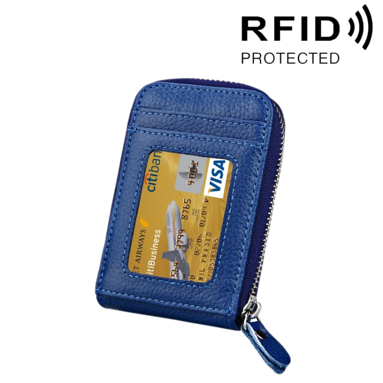 Genuine Cowhide Leather Solid Color Zipper Vertical Card Holder Wallet RFID Blocking Card Bag Protect Case with 12 Card Slots, Size: 11.5*7.5cm(Blue) - free shipping - PMC Jewellery - Order now!