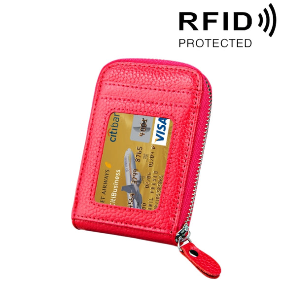Genuine Cowhide Leather Solid Color Zipper Vertical Card Holder Wallet RFID Blocking Card Bag Protect Case with 12 Card Slots, Size: 11.5*7.5cm(Magenta)