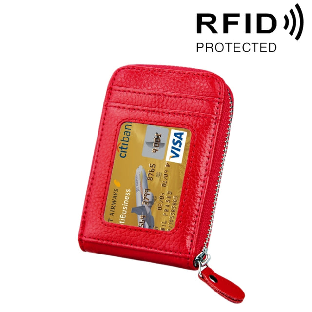 Genuine Cowhide Leather Solid Color Zipper Vertical Card Holder Wallet RFID Blocking Card Bag Protect Case with 12 Card Slots, Size: 11.5*7.5cm(Red)