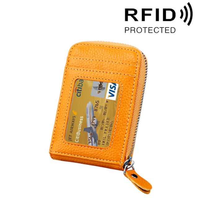 Genuine Cowhide Leather Solid Color Zipper Vertical Card Holder Wallet RFID Blocking Card Bag Protect Case with 12 Card Slots, Size: 11.5*7.5cm(Yellow)