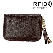 Genuine Cowhide Leather Solid Color Zipper Card Holder Wallet RFID Blocking Card Bag Protect Case Coin Purse with Tassel Pendant & 15 Card Slots for Women, Size: 11.1*7.6*3.5cm(Coffee)